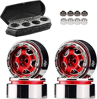 1.0" Metal Beadlock Wheel Heavy Duty Rim 1.0 Inch for Axial AX24 SCX24 Gladiator Deadbolt C10 JLU Truck, 1/24 Scale RC Crawler Wheels with Hex for TRX4M 1/18 Bronco Defender Car (RED Plus)