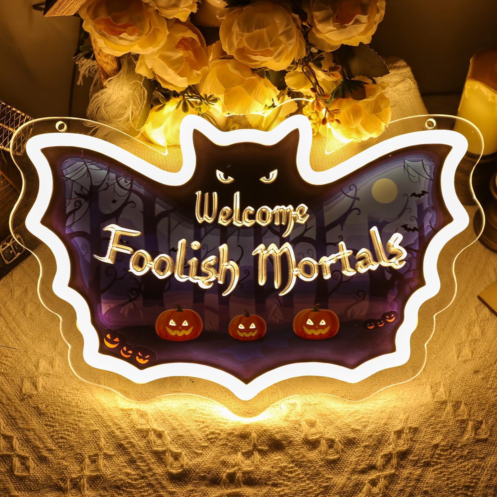 Welcome Foolish Mortals Neon Sign Halloween Bat LED for Wall Decor Spooky Gothic Haunted Mansion Decor for Halloween Party Man Cave Home Bar Haunted House Gifts