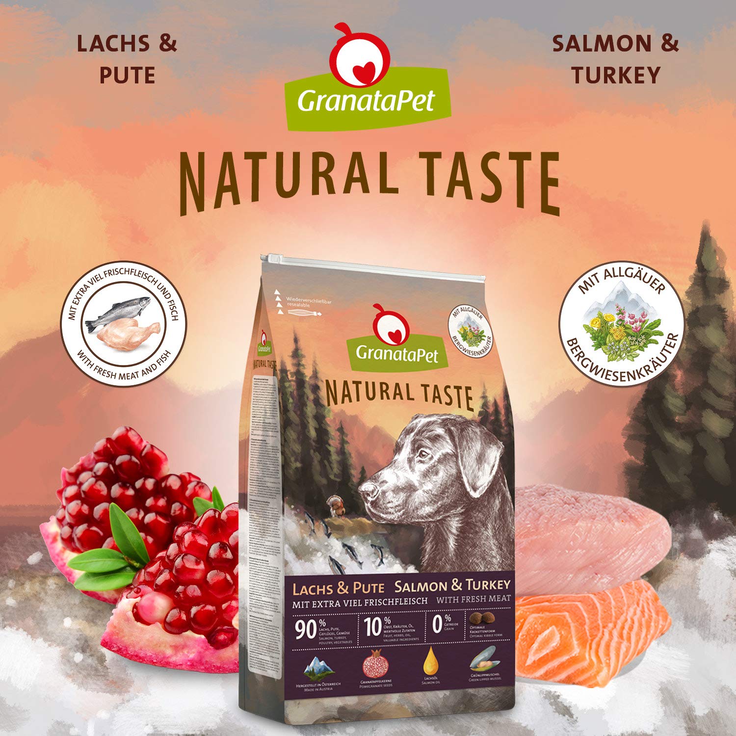 GranataPet Natural Taste Łosoś & Indyk, 12kg | Karma pełnoporcjowa, Bez zbóż, Bez dodatku cukru, Olej z łososia i małża nowozelandzka, Made in Austria