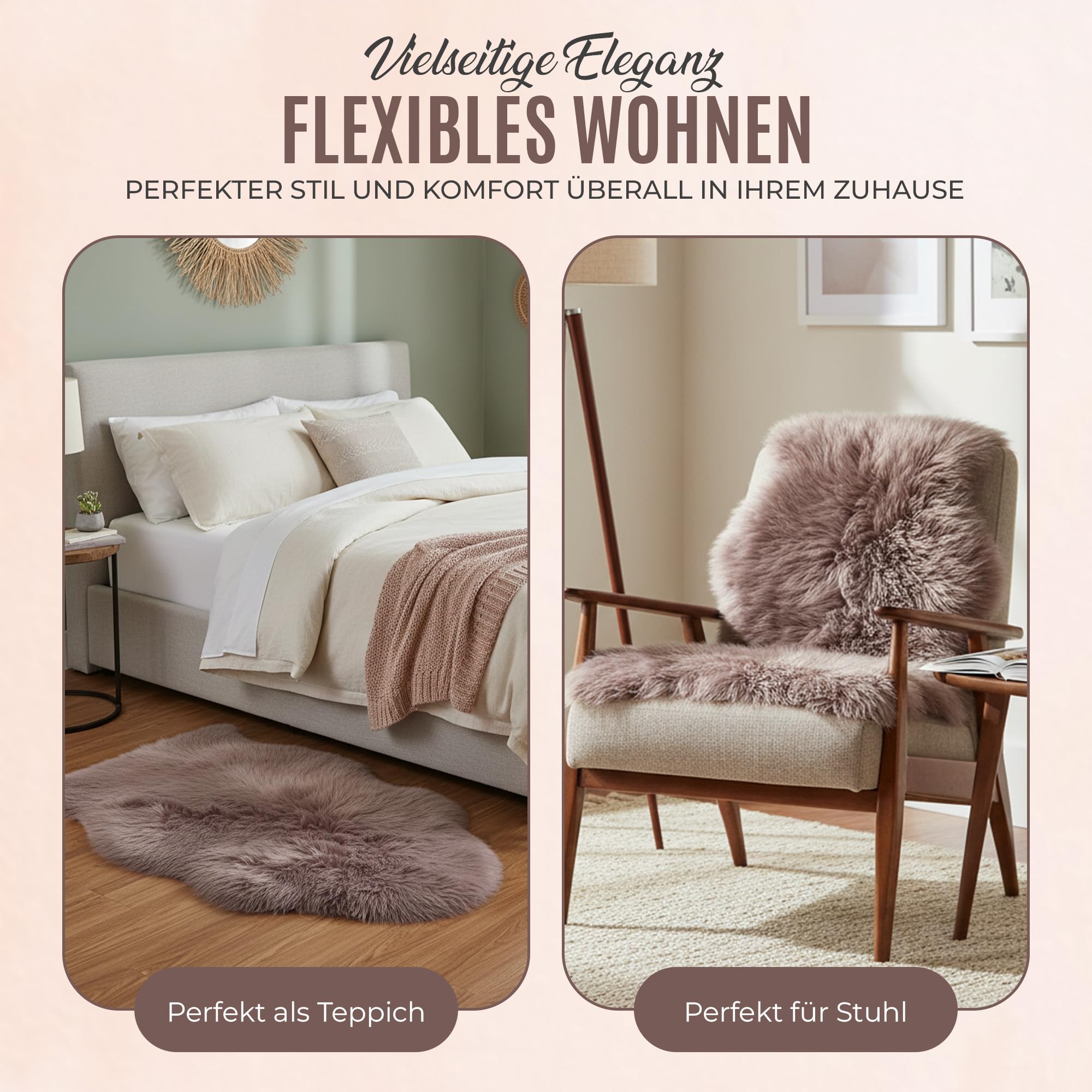 Schaffell Teppich Echtes Lammfell 100% Naturfell Weicher Sheepskin Teppich, Flauschiger Schafspelz als Bettvorleger, Sitzfell Deko Fell für Sofa & Wohnzimmer (Taupe, L: 100 bis 110cm)