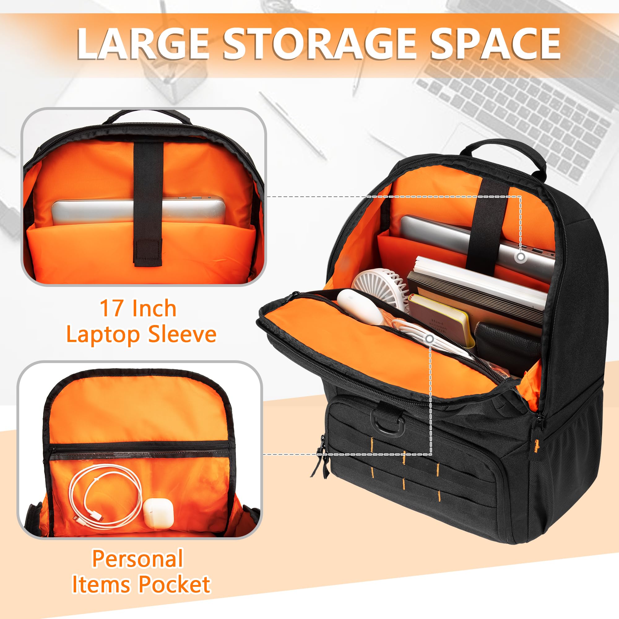 BAFASO Mochila Táctica para el Almuerzo, Bolsa Térmica Aislada, Negro | para Hombres y Mujeres, con Compartimento para Portátil de 17 Pulgadas (Sin Accesorios)