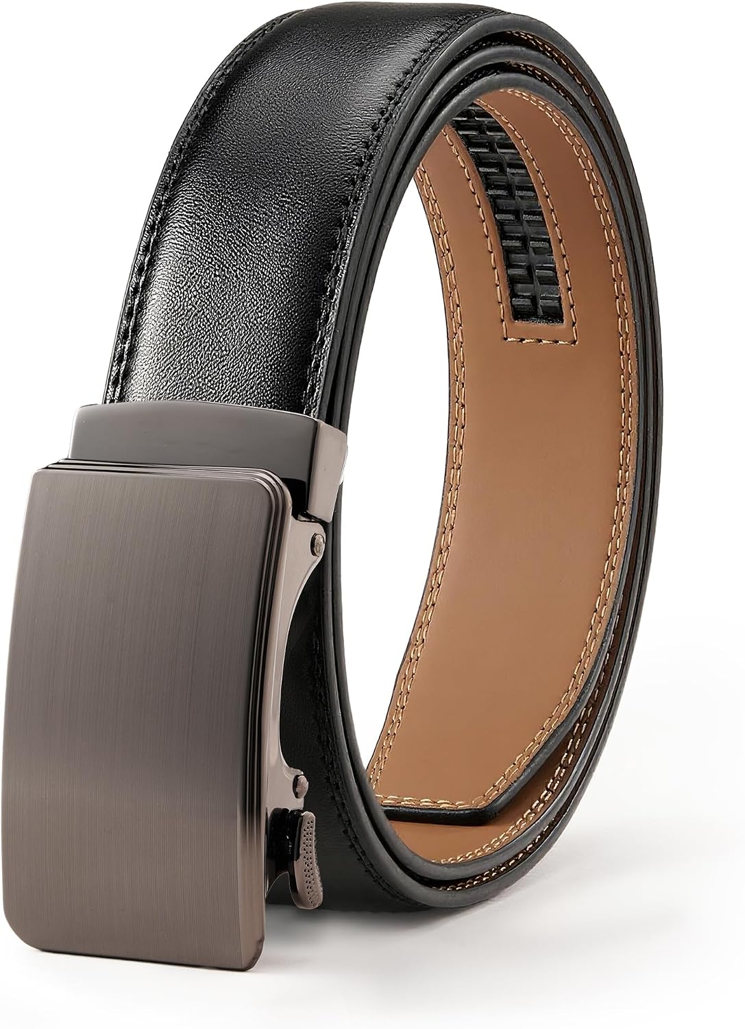 Men's Leather Ratchet Belt, 1-3/8" Wide, Auto Buckle, Trim-to-Fit, No Holes, Casual & Dress, Gift Box