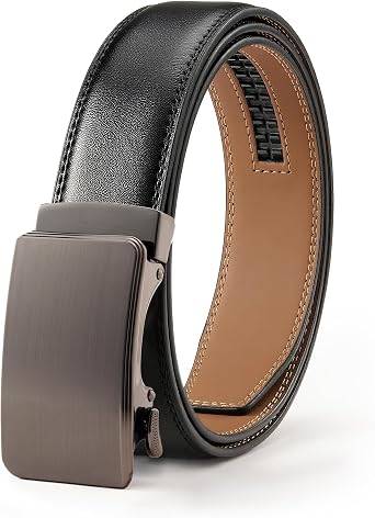 Mens Leather Ratchet Belt, 1-3/8" Wide, Auto Buckle, Trim-to-Fit, No Holes, Casual & Dress, Gift Box