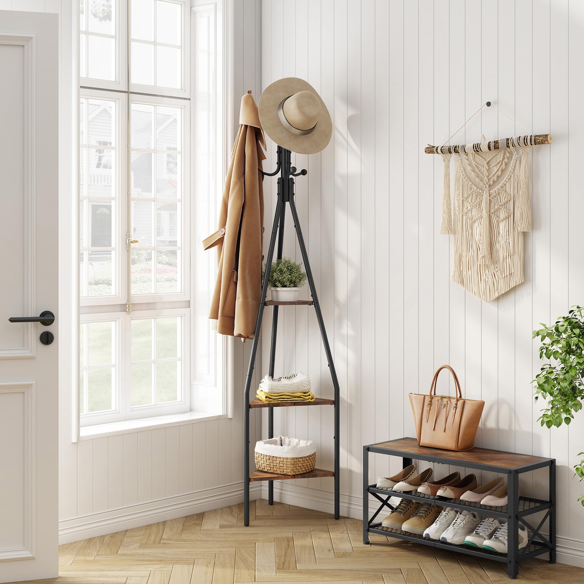 Hoctieon 3-Tier Coat Rack Freestanding with Hooks, Industrial Coat Tree Freestanding, Mordern Coat Racks Free Standing with Shelf, Coat Rack with Storage for Clothes, Hats, Bags