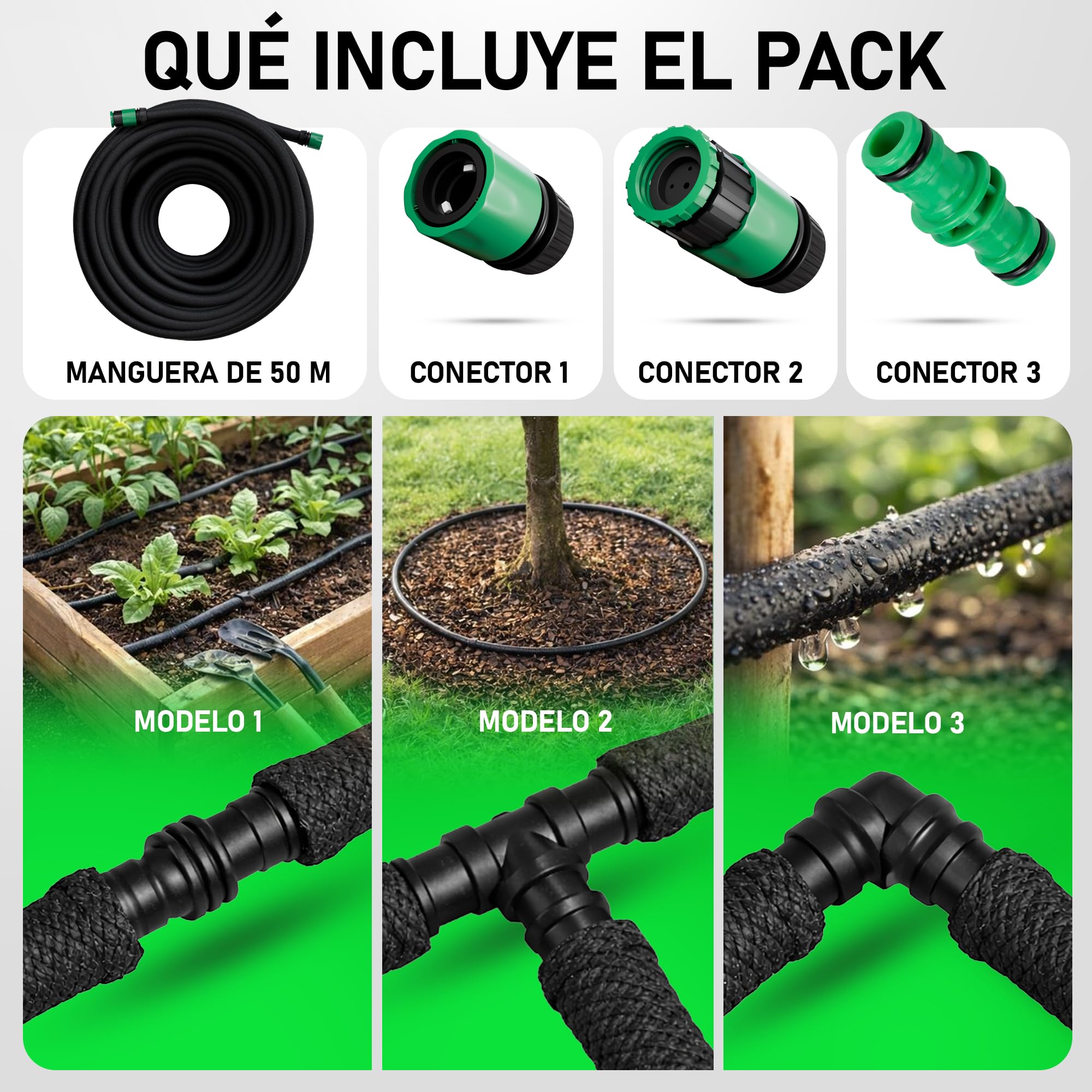 Manguera de riego Exudante Porosa 50 m | Riego por Goteo Uniforme con Ahorro de agua | Ideal para Jardín, Huerto y Setos | Incluye Kit de Conectores