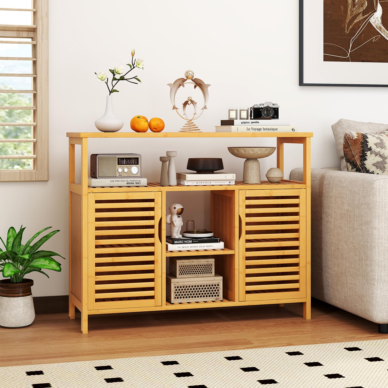 COSTWAY Armario y Aparador de Bambú, Aparador para Comedor con 2 Puertas y Estantes, Mueble Auxiliar de Almacenamiento para Salón Baño Cocina y Comedor, 100 x 35 x 80 cm, Natural