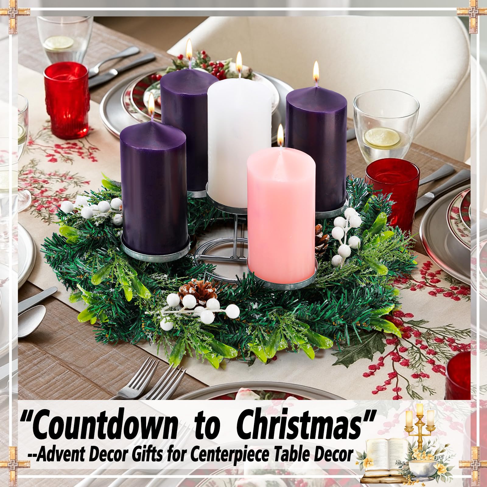 Knitgrip Juego de 7 coronas de Adviento de Navidad con velas de pilar de 3 x 6 pulgadas, candelabro rústico de corona de Adviento y velas de pilar, centro de mesa de Navidad sin perfume, decoración de