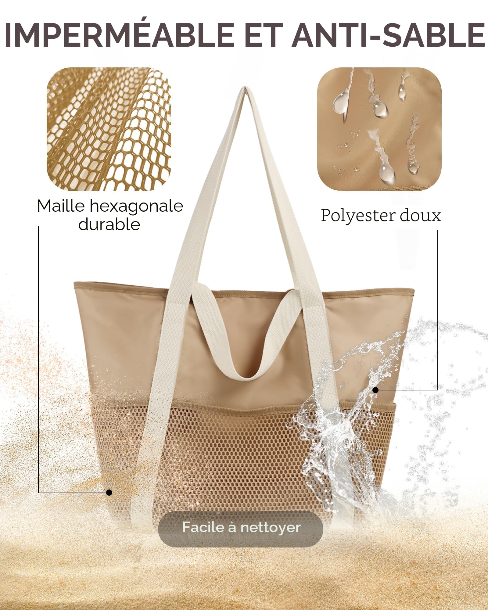 HOMESPON Sac de Plage Imperméable pour Femme Homme Famille Grand Sac Cabas avec Poches Multiples et Fermeture Éclair Idéal pour Plage Piscine Voyage Sport Shopping
