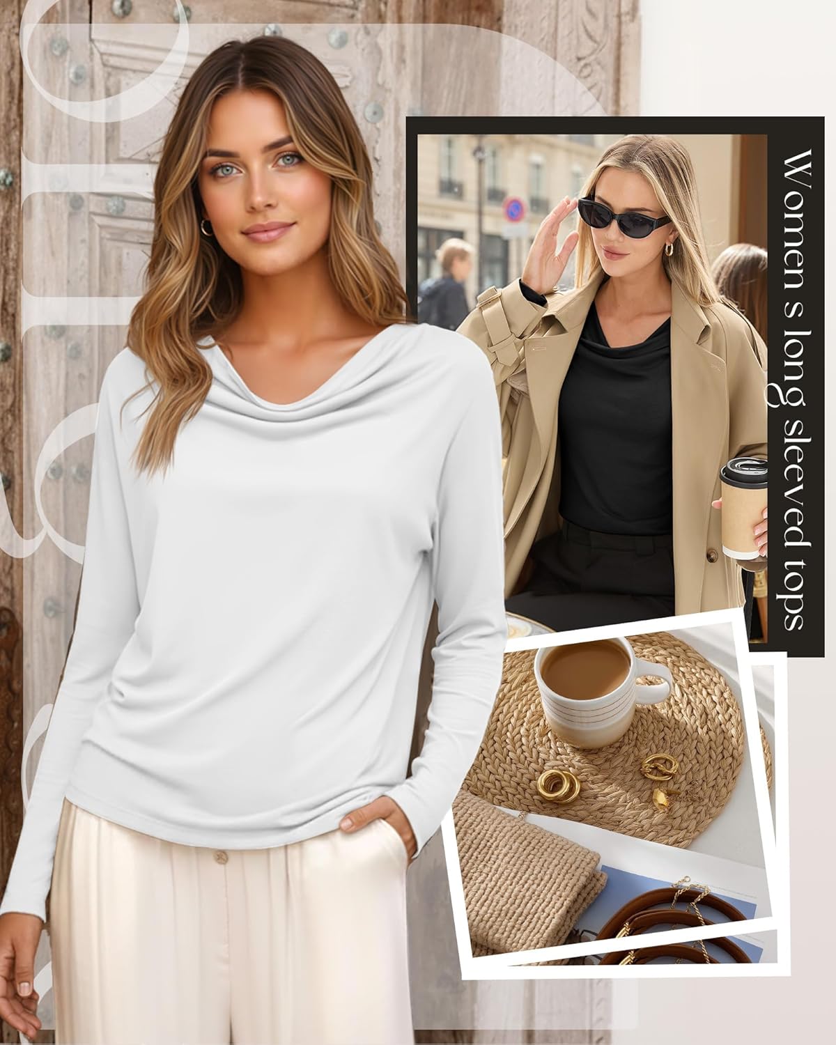 3 Pack Women's Draped Cowl Neck Tops Long Sleeve Stretchy Blouses Dressy Casual Shirts Business Casual Outfits - Image 3