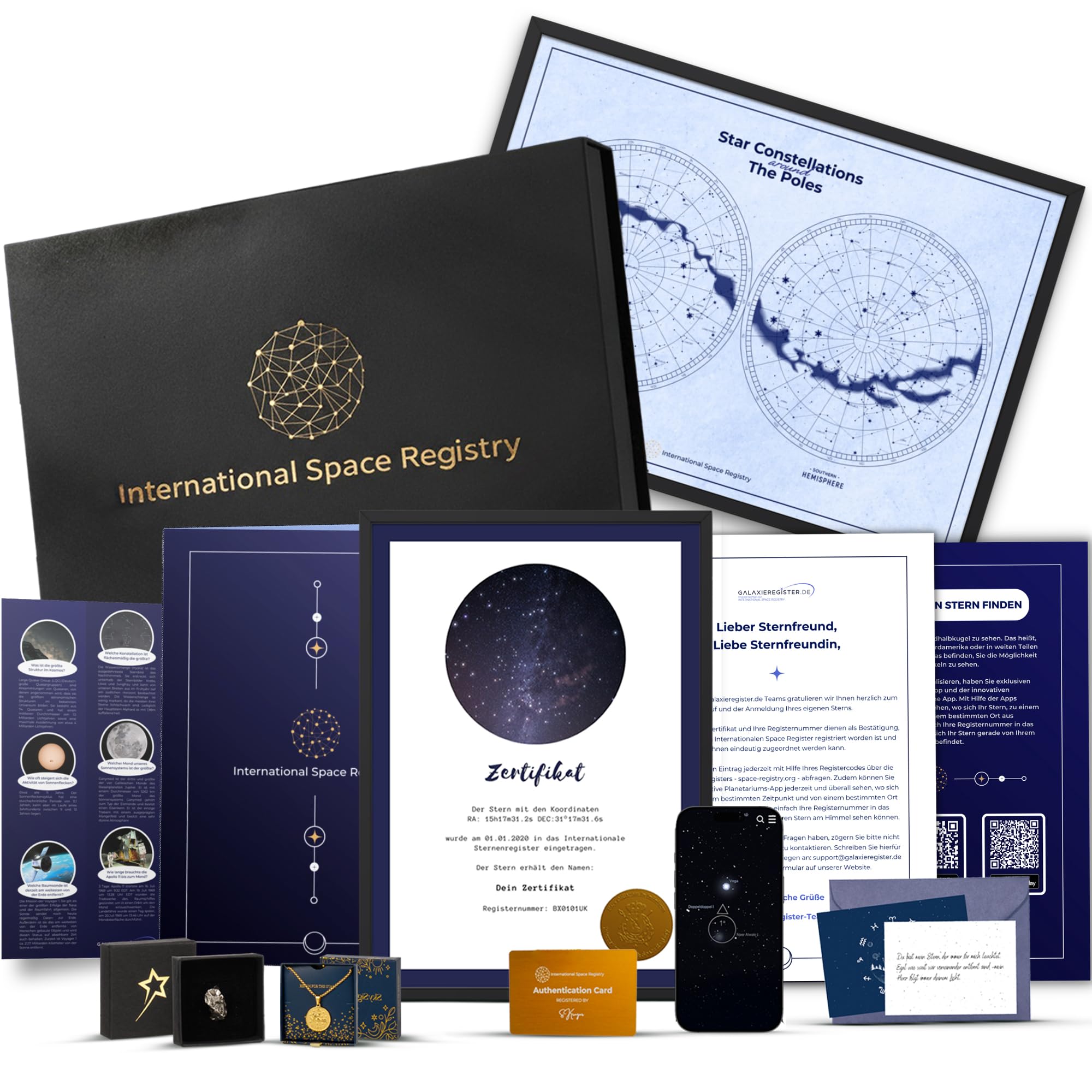 Galaxieregister® Coffret cadeau de baptême étoilé - Cadeau personnalisé avec véritable météorite et chaîne plaquée or - Parfait pour anniversaire, mariage ou autre occasion (Étoile Visible)