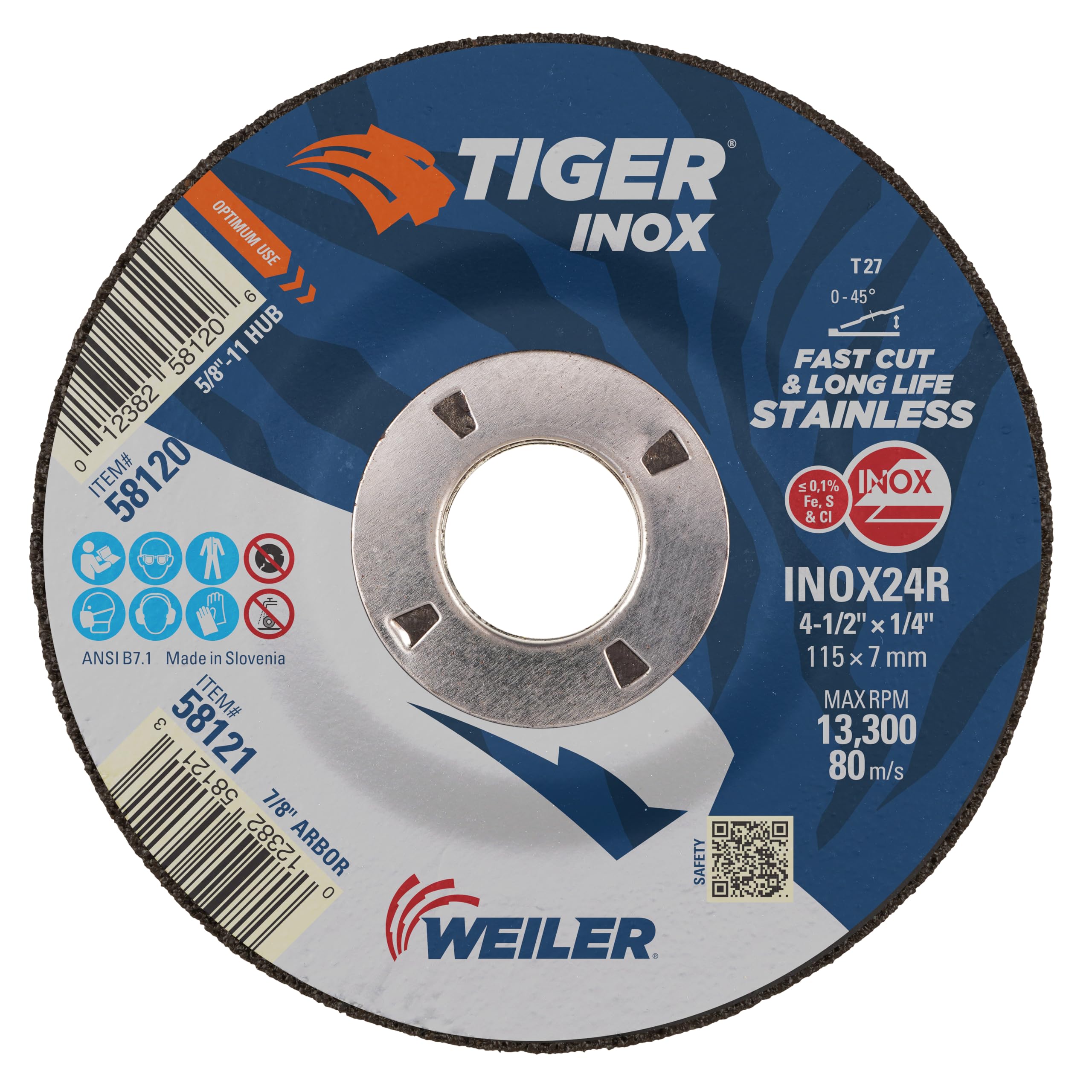 Weiler 58121 - Rueda de molienda tipo 27 de Tiger INOX de 4-1/2" x 1/4", INOX24R, 7/8" A.H. (paquete de 10)
