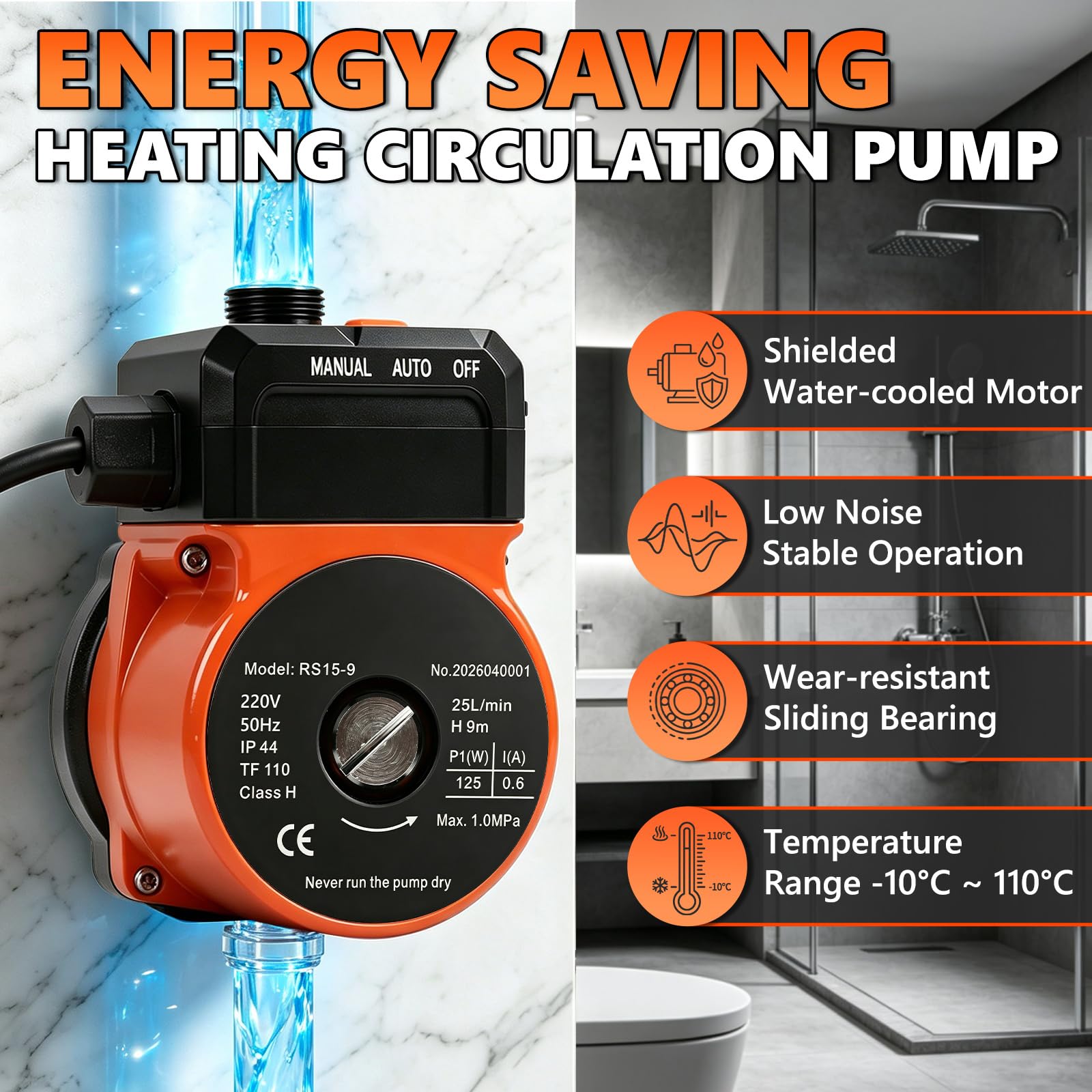 Druckerhöhungspumpe für Haushalt Warmwasser 125W，9m Förderhöhe NPT3/4"
