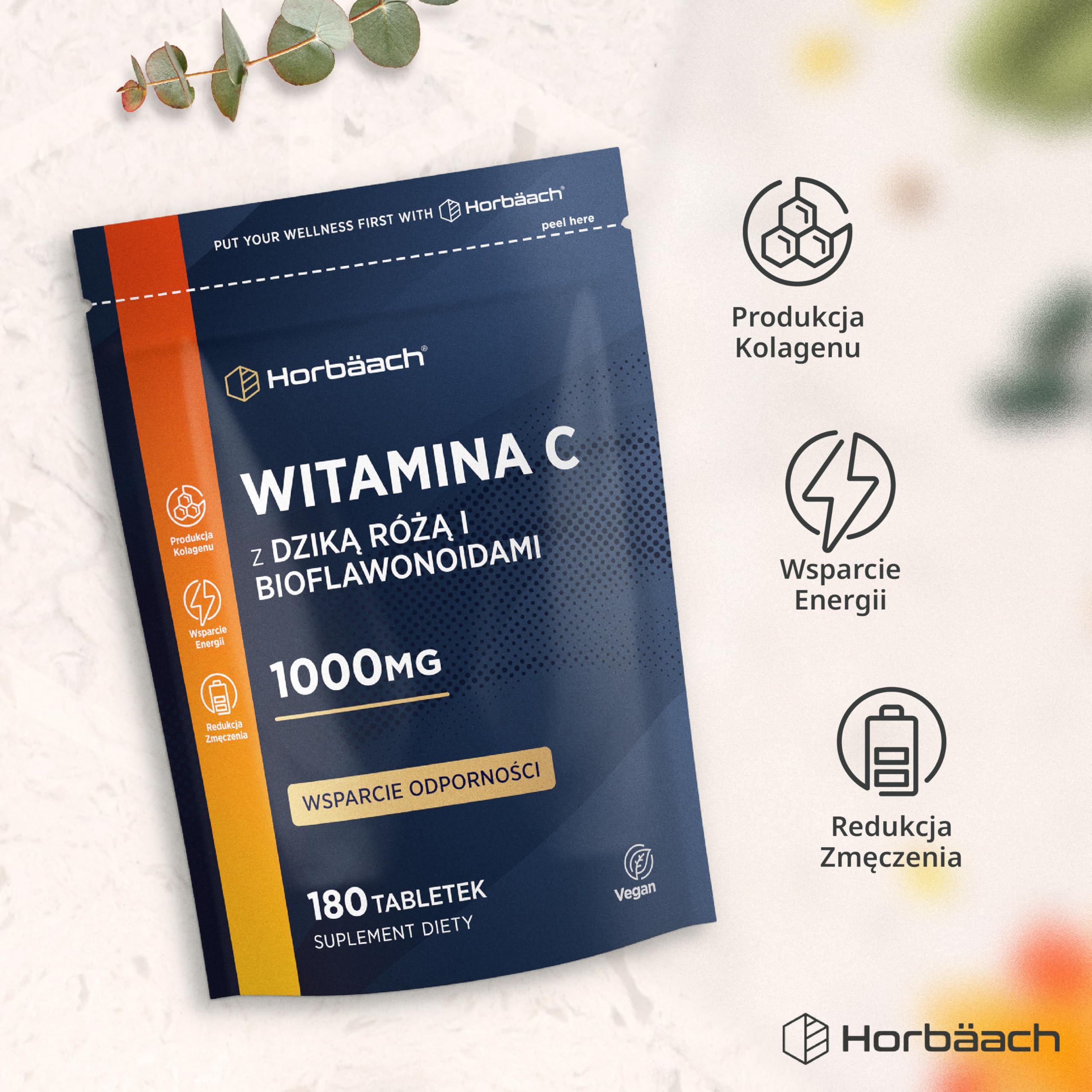 Witamina C 1000mg z Dziką Różą i Bioflawonoidami | Wysoka Dawka | 180 Tabletek - 6 Miesięcy Suplementacji | Suplement Wegański | marki Horbaach