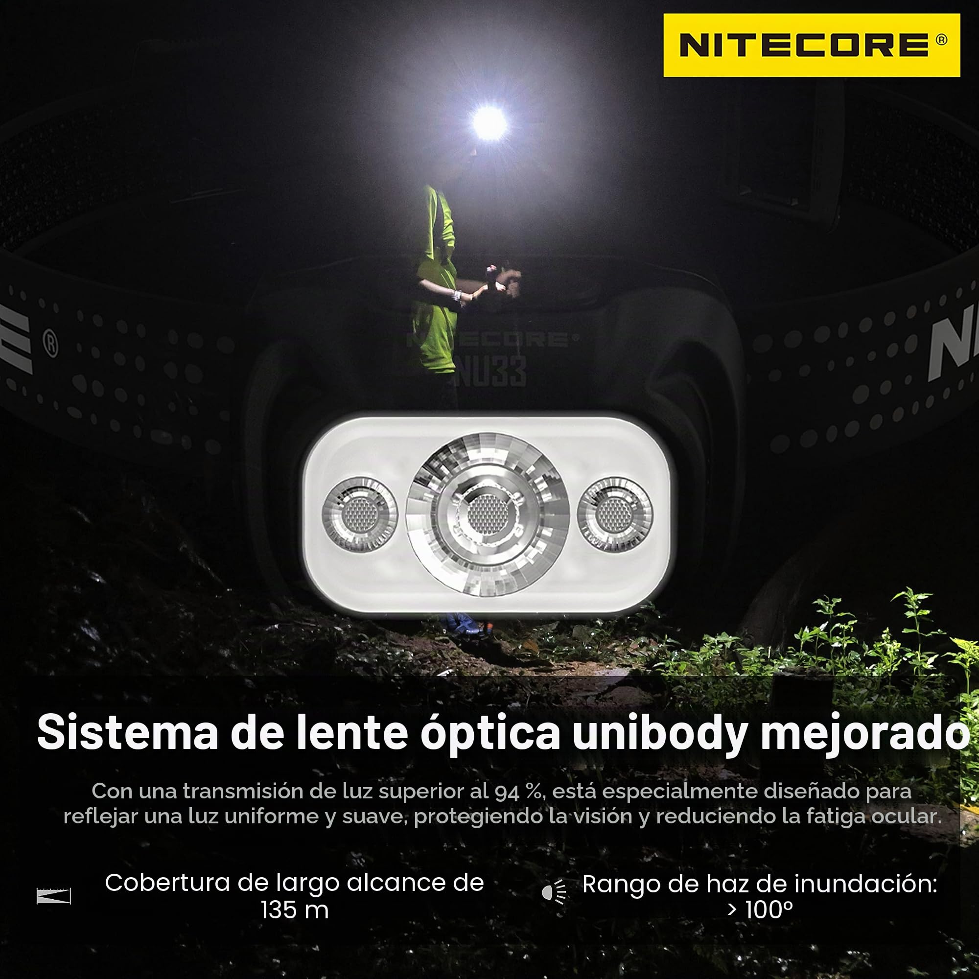 Nitecore NU33 700 lúmenes aluminio faro triple fuente de luz USB-C recargable faro etiqueta, Negro -