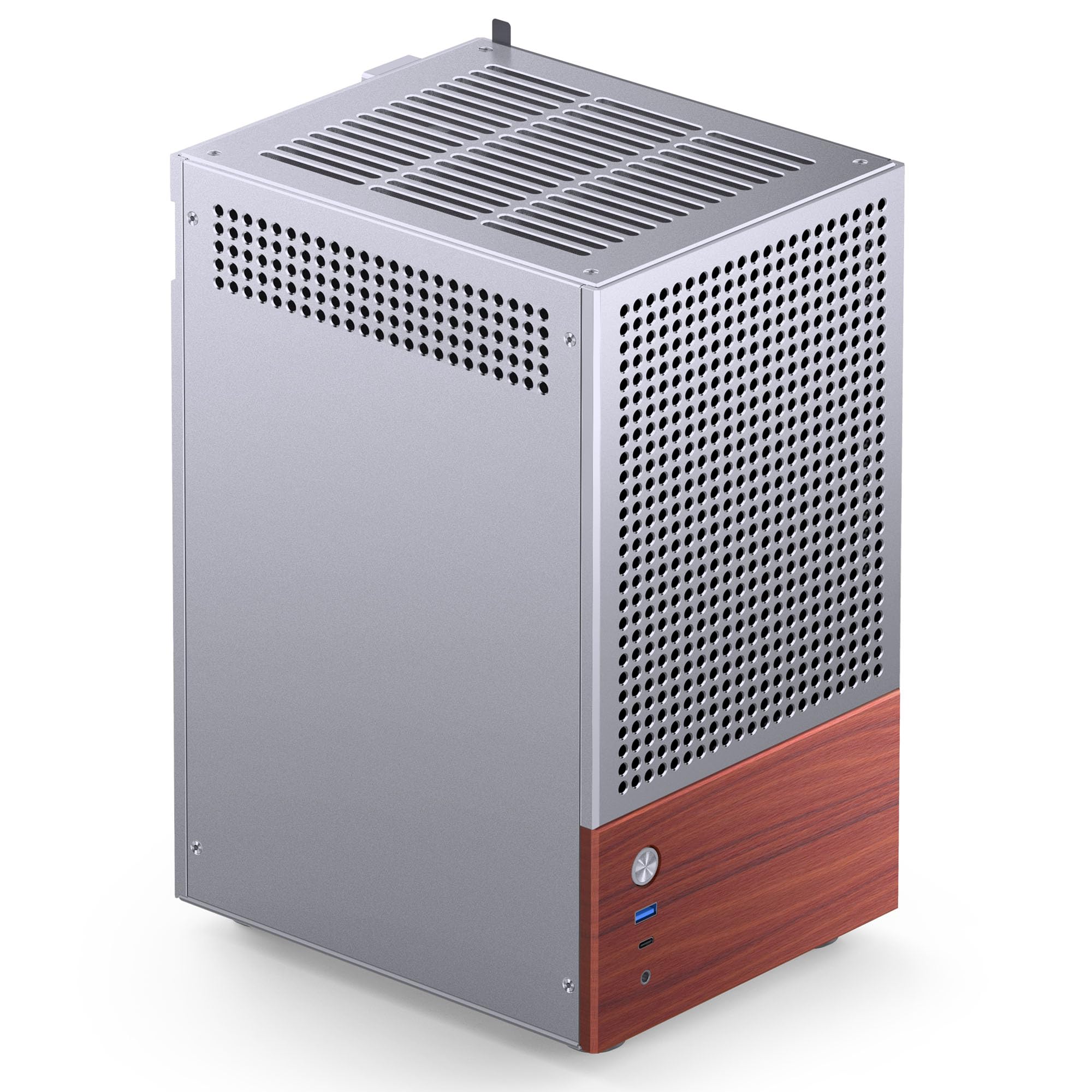 Jonsbo T6 Mini-ITX PC-Gehäuse – Silber, Tempered Glass & Holzgriff, Aluminium & Stahl, kompaktes Mini-Tower Case