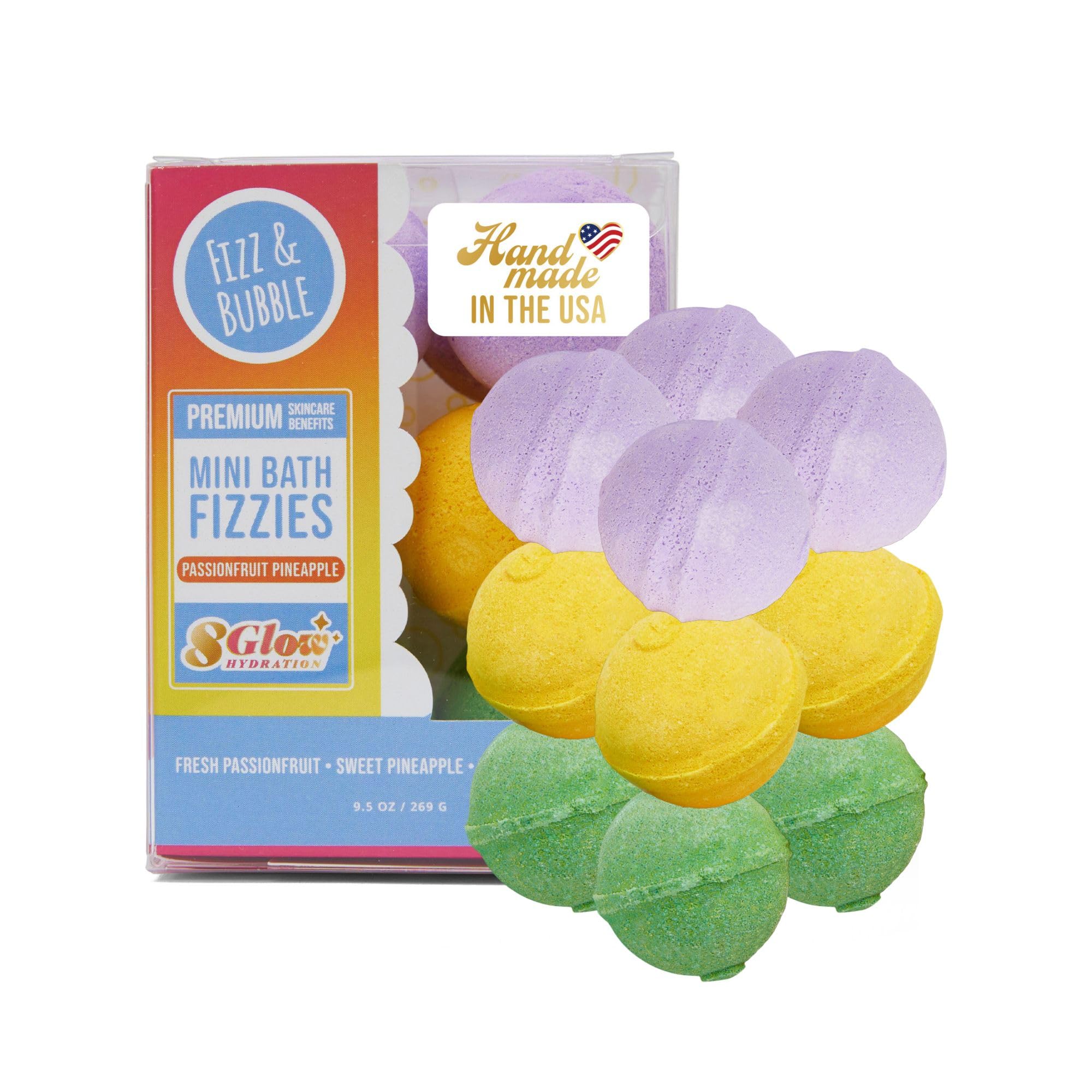 Fizz and Bubble, Mini Bath Fizzies, 9.5oz (12-Pack) - Scented Bath Bombs, Moisturizing for Dry Skin, Soothing, Relaxing, Handmade Gift Ideas for Her (Passion Fruit Pineapple)