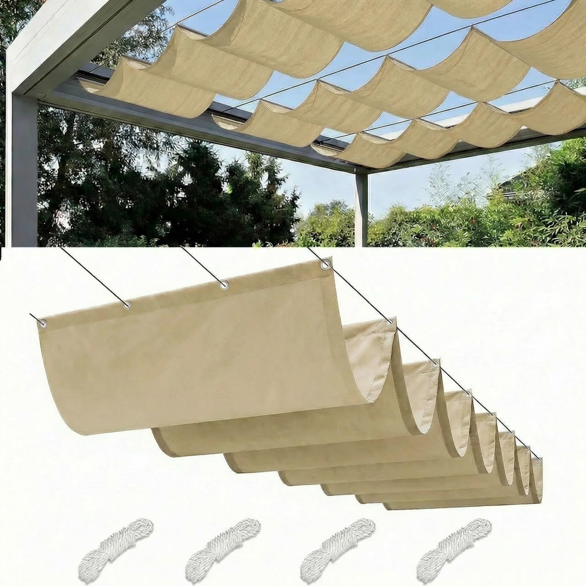Retractable Wave Sun Shade Sail Waterproof Pergola Cover 95% UV Protection Outdoor Awning Canopy with Ropes for Patio Garden Deck Porch BBQ Shelter Privacy Screen Summer(Light Khaki,1x1M(L x W))