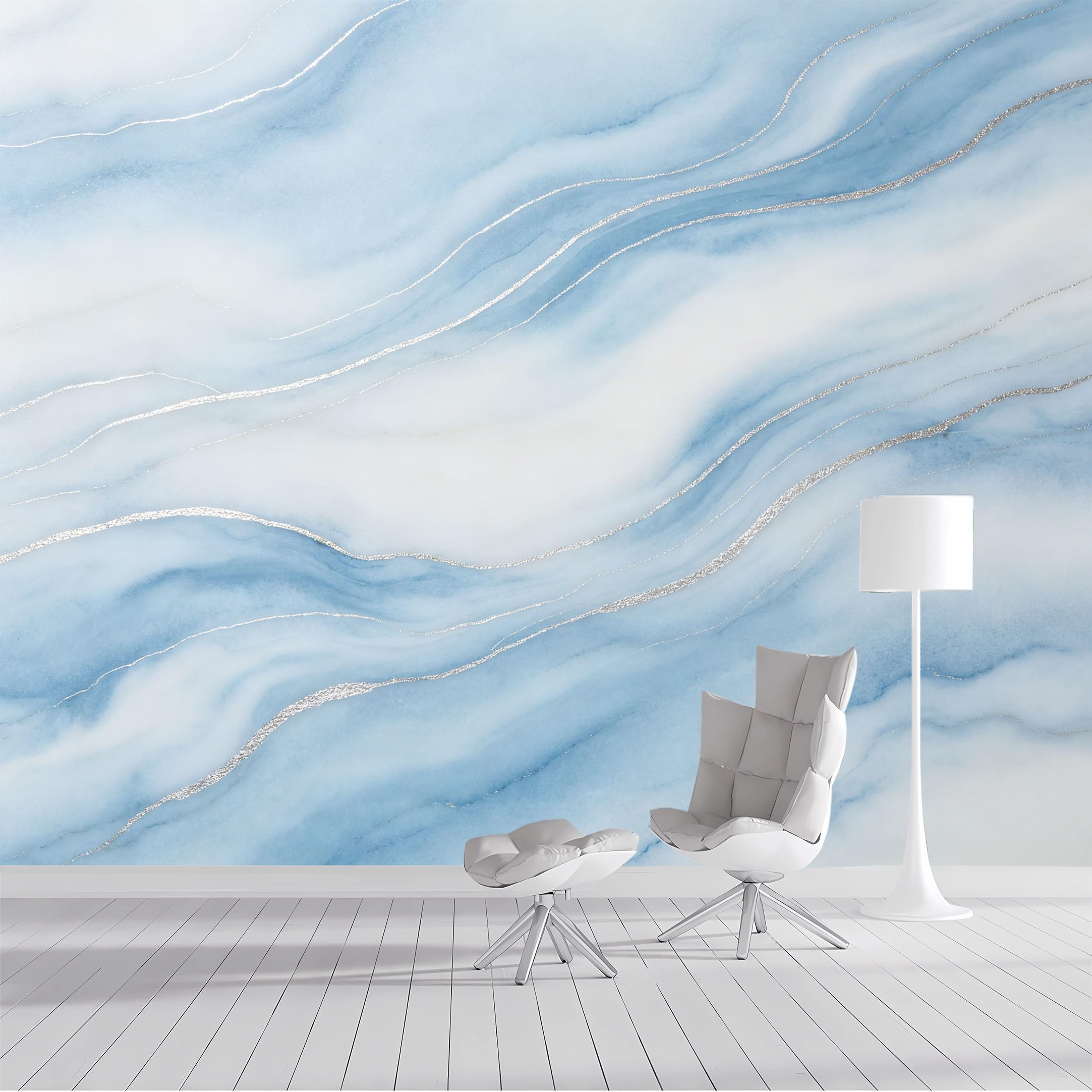Custom Size Wall Mural Abstract Blue Marble Texture Silver Vein Watercolor Effect SelfAdhesive Wall Fabric Removable Peel and Stick Wallpaper Wall Decor for Living Room Bedroom Bathroom