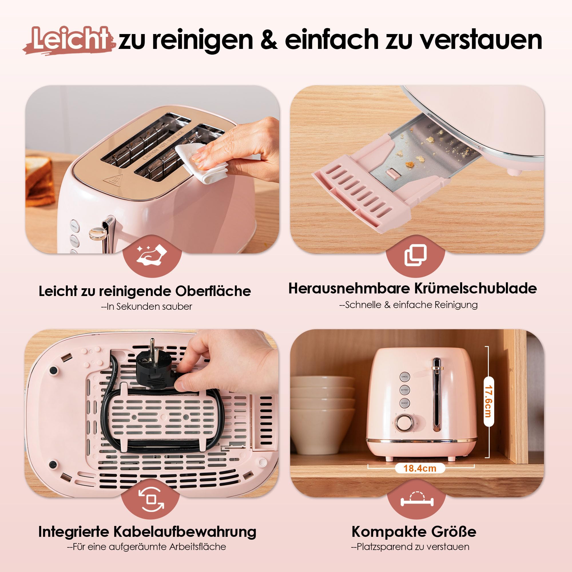 Fab by Kitchen in the box Rosa Toaster 2 Scheiben, Retro Toaster aus Edelstahl mit breiten Schlitzen und 7 Bräunungsstufen