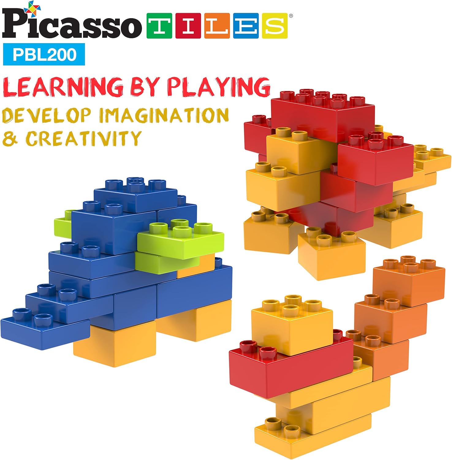 PicassoTiles 200 Piece Large Construction Brick Building Blocks STEM Bricks Toy Set Creative Learning Early Education Playset 5 Colors 4 Unique Shapes Mix & Match Toys for Kids Boys Girls Child Age 3+