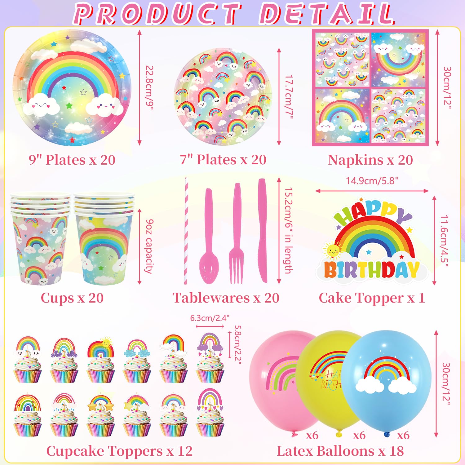 Obussgar Rainbow Birthday Party Decorations - Rainbow Party Supplies including Banner, Plate, Cake Topper, Cup, Napkin, Balloon, Tablecloth - Serves 20