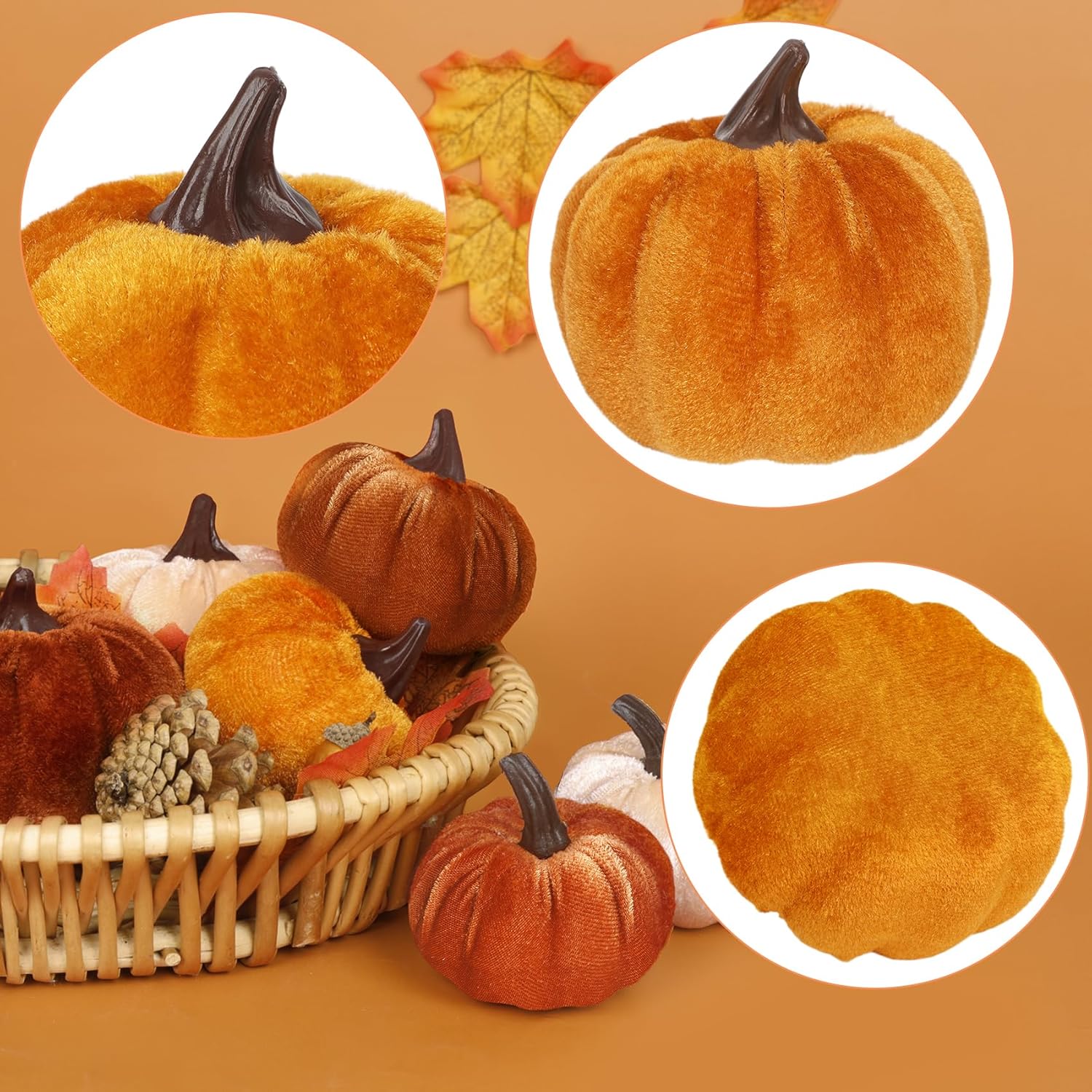 16Pcs Fall Artificial Velvet Pumpkins, 3 Sizes Orange Brown Beige Rust Fake Small Foam Pumpkins for Decorating Autumn Fall Farmhouse Home Harvest Thanksgiving Halloween Wedding Table Centerpiece Decor