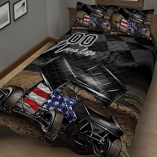 Miniatura 5 de OhaPrints Juego de cama personalizado de carreras, manta y fundas de almohada con bandera a cuadros de carreras de tierra con nombre personalizado,