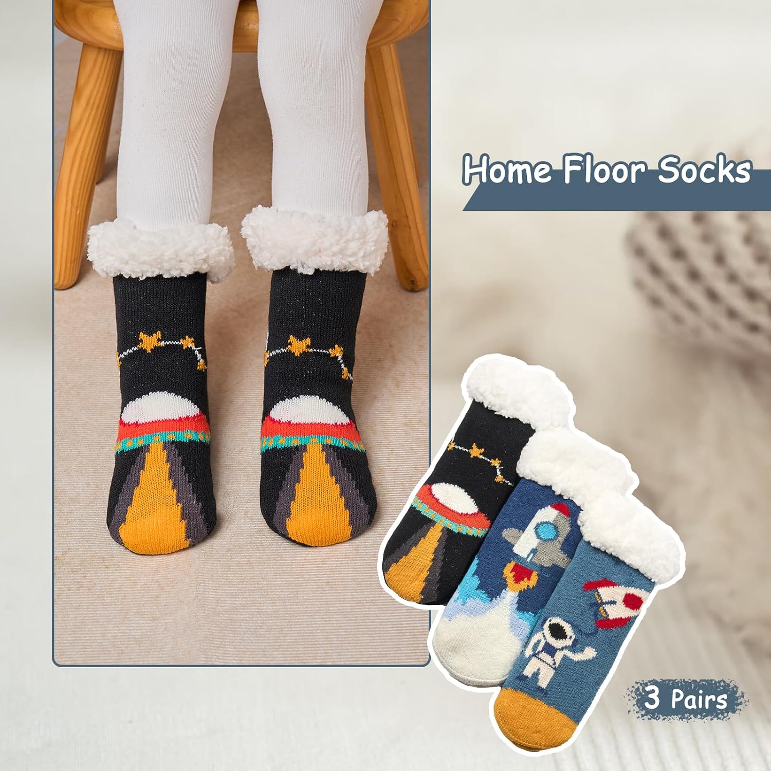 Kids Boys Winter Socks Warm Fuzzy Socks for Girls Home Floor Soft Lined Fluffy Socks with Grips 3 Pack