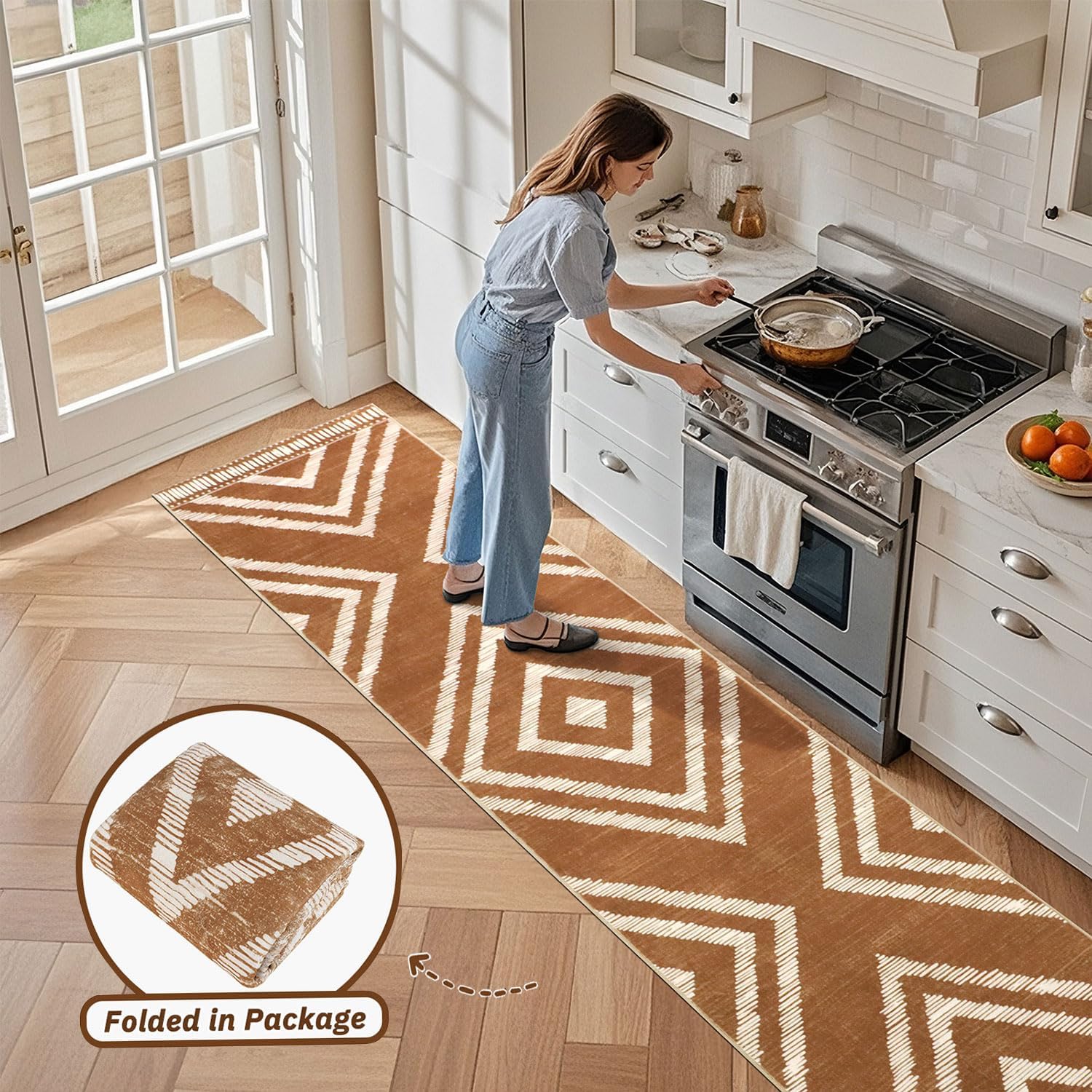 2x10Ft Boho Runner Rugs for Hallway Non Slip, Brown Washable Kitchen Rug Runners, Soft Moroccan Farmhouse Entryway Runner, Low Pile Geometric Floor Carpet for Bedroom Home Decor