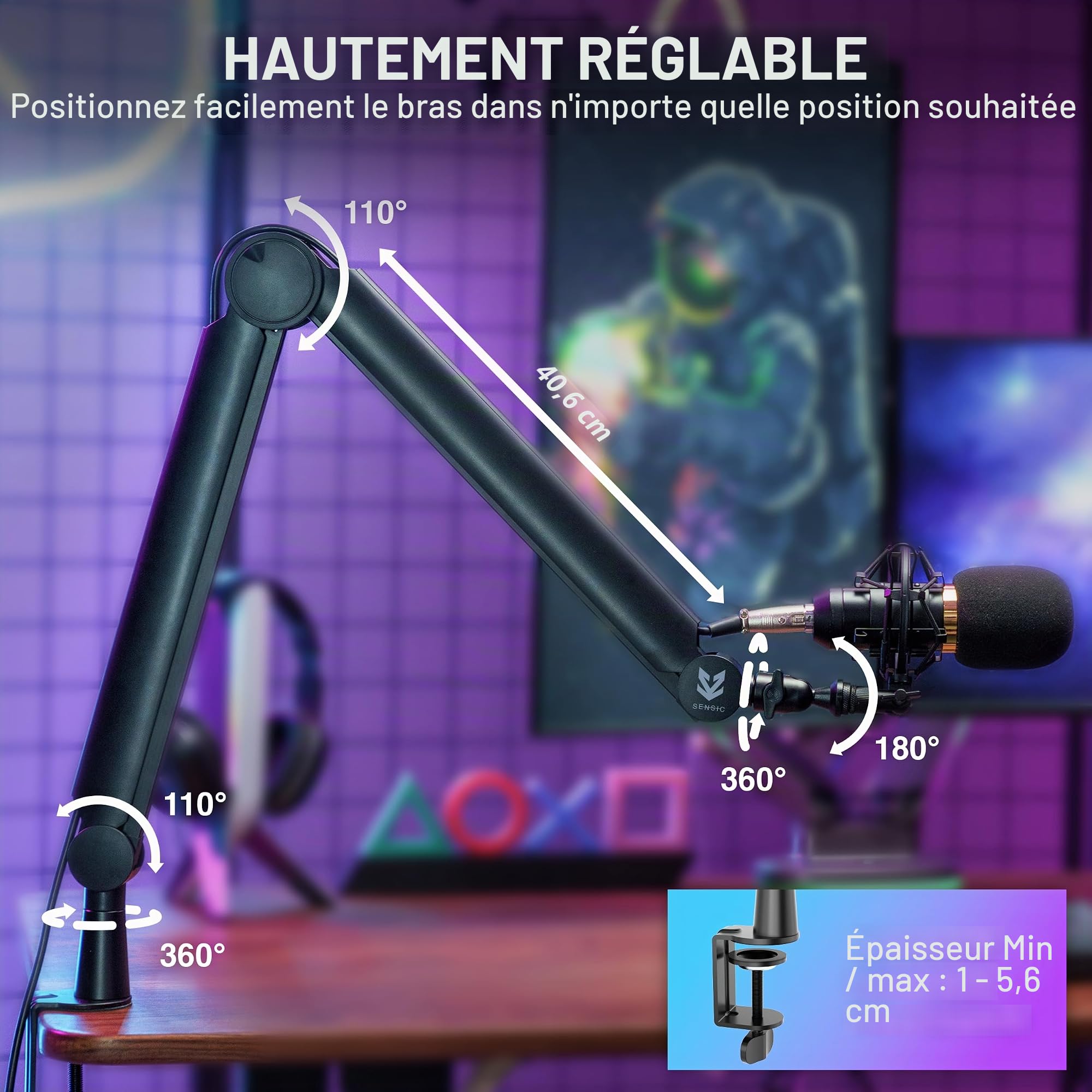 Sensic SA-30 Bras de microphone rotatif à 360° avec support de microphone de 15,2 cm, support de microphone avec adaptateurs 6,35 mm, 9,5 mm et 5/8", bras de microphone professionnel avec accessoires,