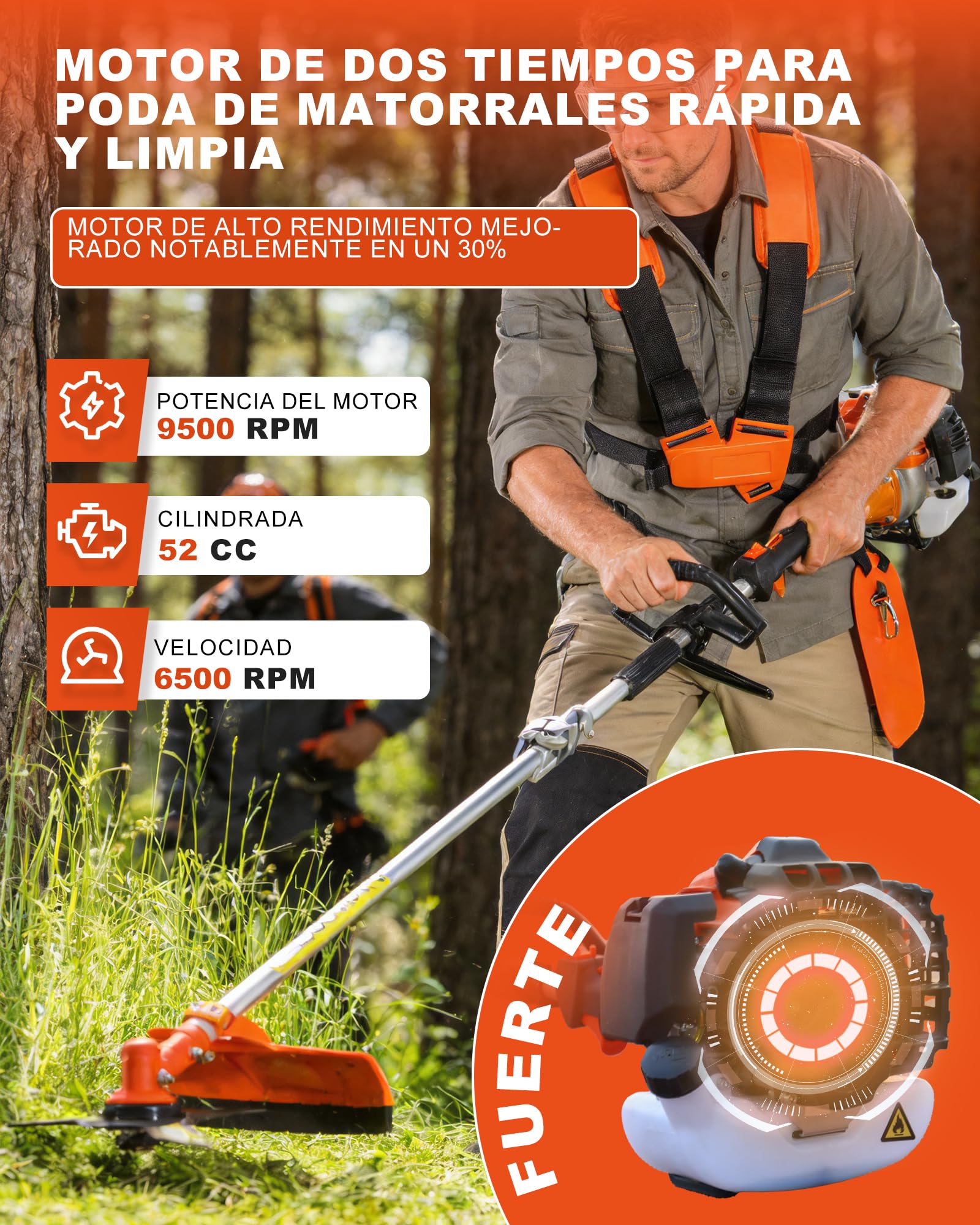 Desbrozadora de gasolina 52 cc 2 tiempos, cortasetos, motosierra 3 CV, dispositivo jardín aire 2 tiempos, potente