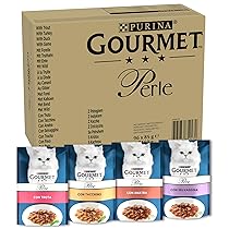 GOURMET Perle Cibo Umido per Gatti Adulti Filettini in gelatini con Trota, Tacchino, Anatra e Selvaggina – 96 Bustine da 85 g, Cibo per Gatti Gustoso e Raffinato