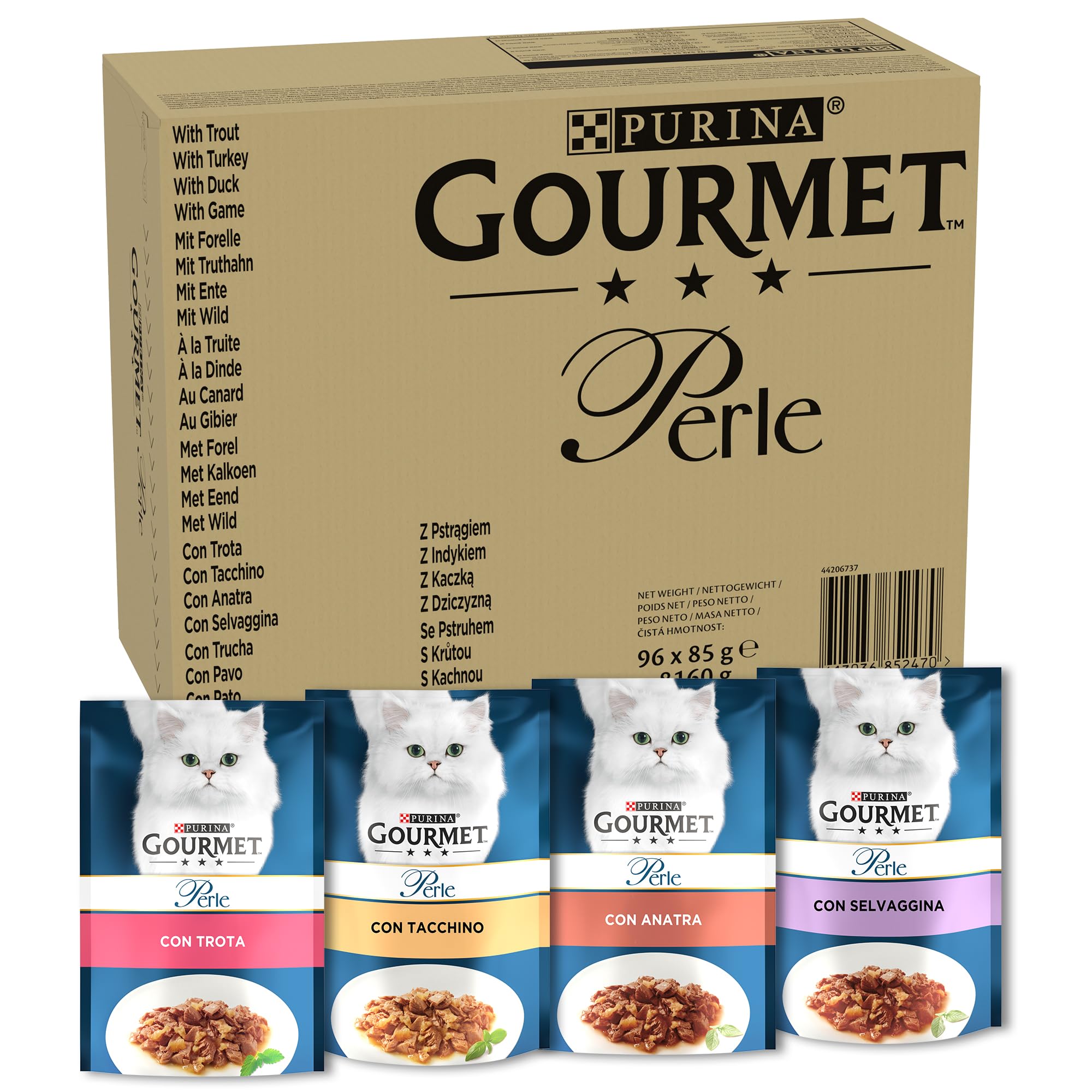 GOURMET Perle Cibo Umido per Gatti Adulti Filettini in gelatini con Trota, Tacchino, Anatra e Selvaggina - 96 Bustine da 85 g, Cibo per Gatti Gustoso e Raffinato