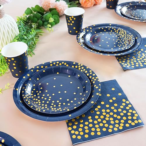 Miniatura 3 de Decoraciones de fiesta azules y doradas, 168 platos y servilletas azules, suministros para fiesta, platos de papel azul para 24, platos azul marino