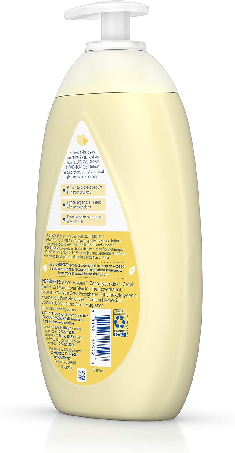 Johnson's Head-to-Toe Moisturizing Baby Body Lotion for Sensitive Skin, Hypoallergenic and Paraben-, Phthalate- and Dye-Free Baby Skin Care, 27.1 Fl Oz (Pack of 1) : Baby