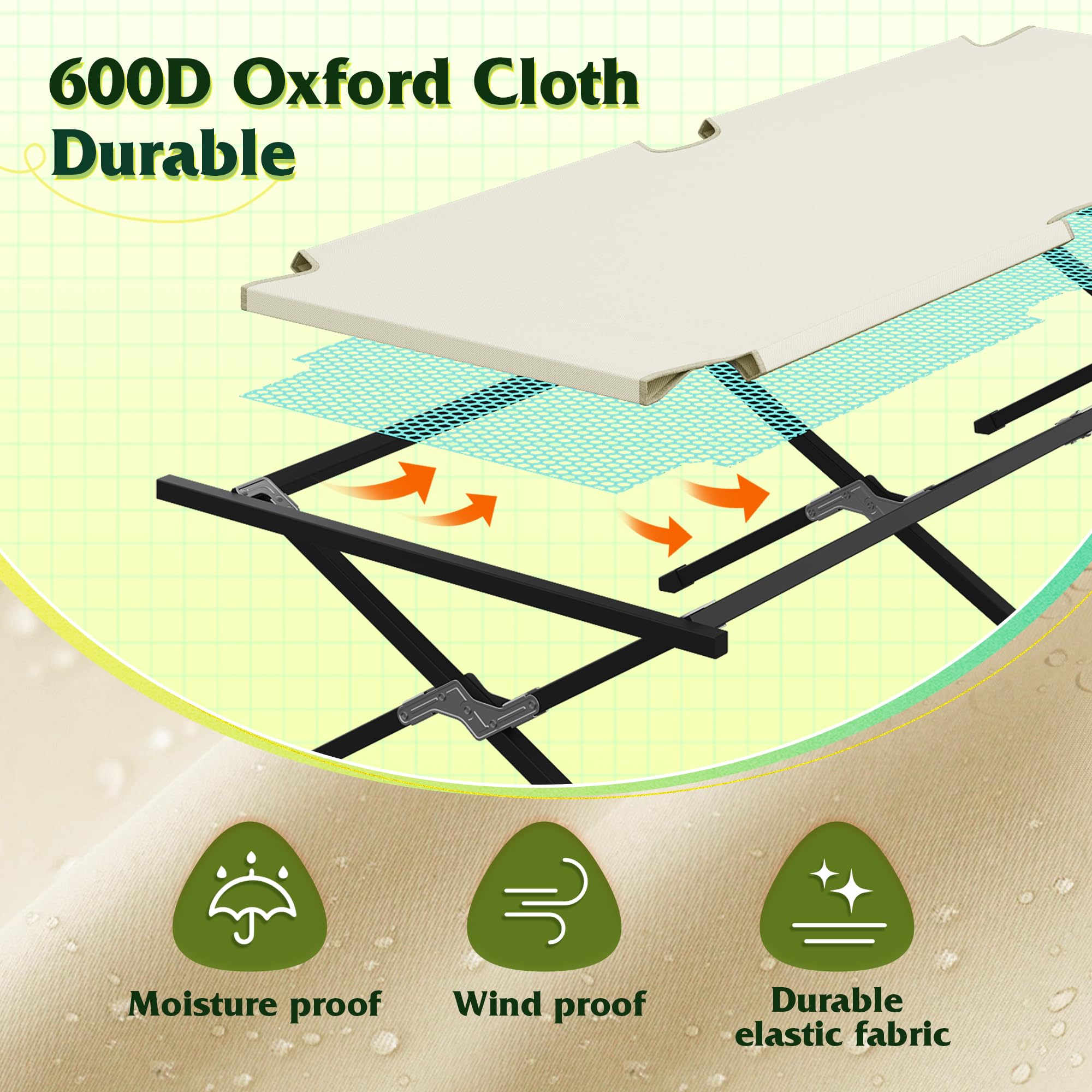 WLIVE Military Camping Cot, Portable Folding Cots for Sleeping with Carry Bag, Outdoor Camping Bed for Adults with Side Pocket, Support 300 Lbs, Silver Greige