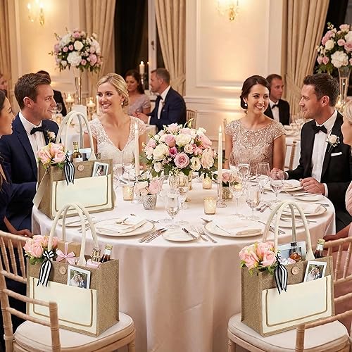 Miniatura 2 de Silkfly Paquete de 12 bolsas de arpillera, bolsas de regalo de yute reutilizables con asas, bolsa de playa impermeable para compras de boda, Blanco