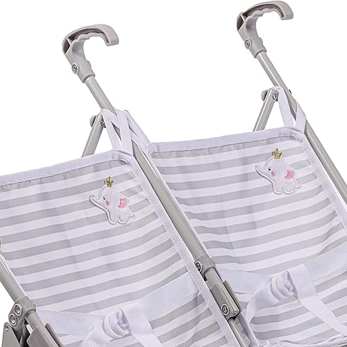 Miniatura 4 de JC Toys Boutique - Cochecito de muñeca plegable individual para niños de 2 años más, rayas grises y bordado suave, marco de metal resistente, juego