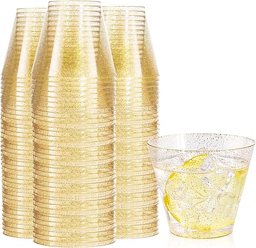Nervure 120 vasos de plástico con purpurina dorada, vasos de plástico resistentes de 9 onzas, vasos desechables dorados para bodas, Acción de