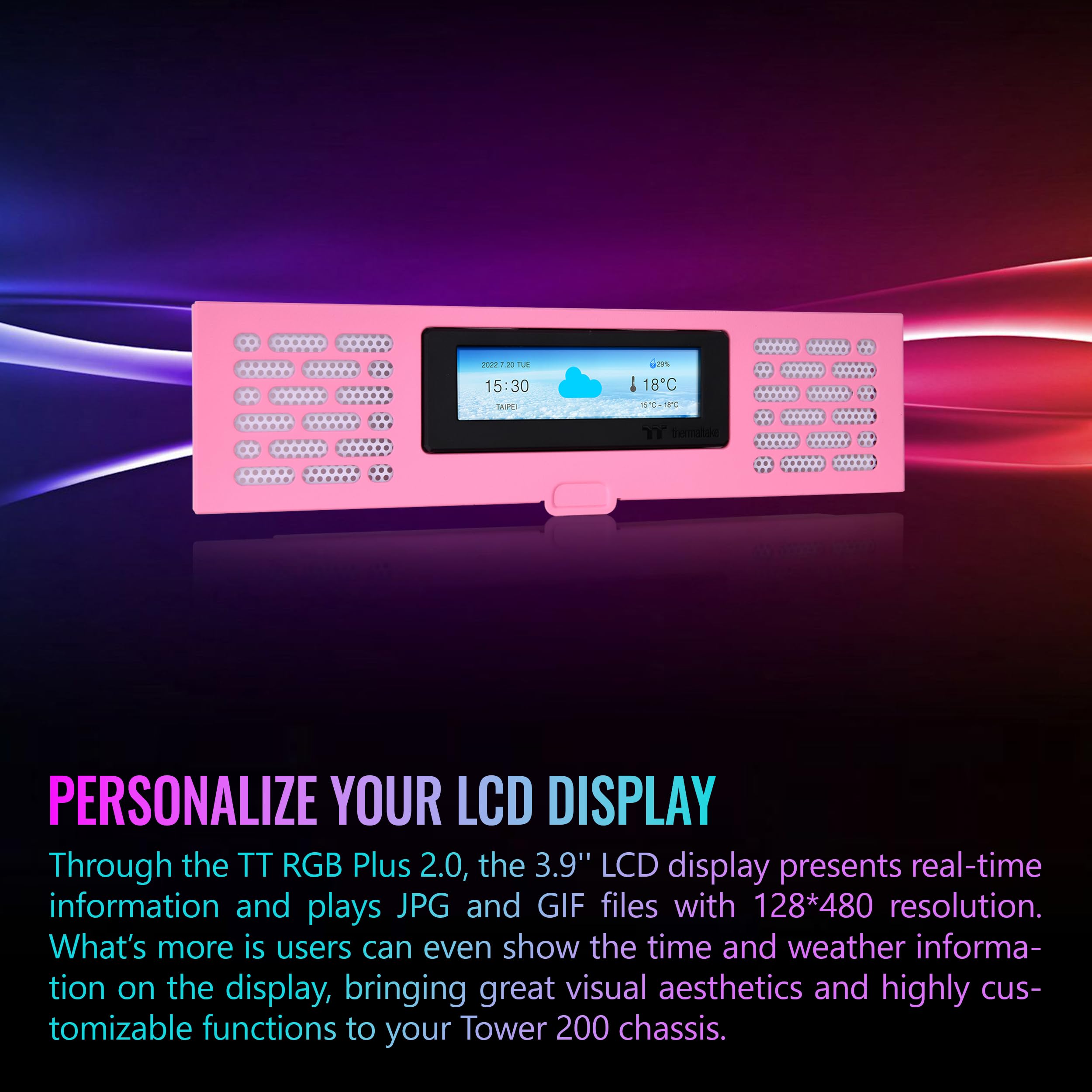 Thermaltake Tower 200 Series - Kit de Panel LCD Rosa Burbuja, Pantalla LCD de 3.9 Pulgadas, Compatible con el Software TT RGB Plus 2.0, AC-067-OOANAN-A1