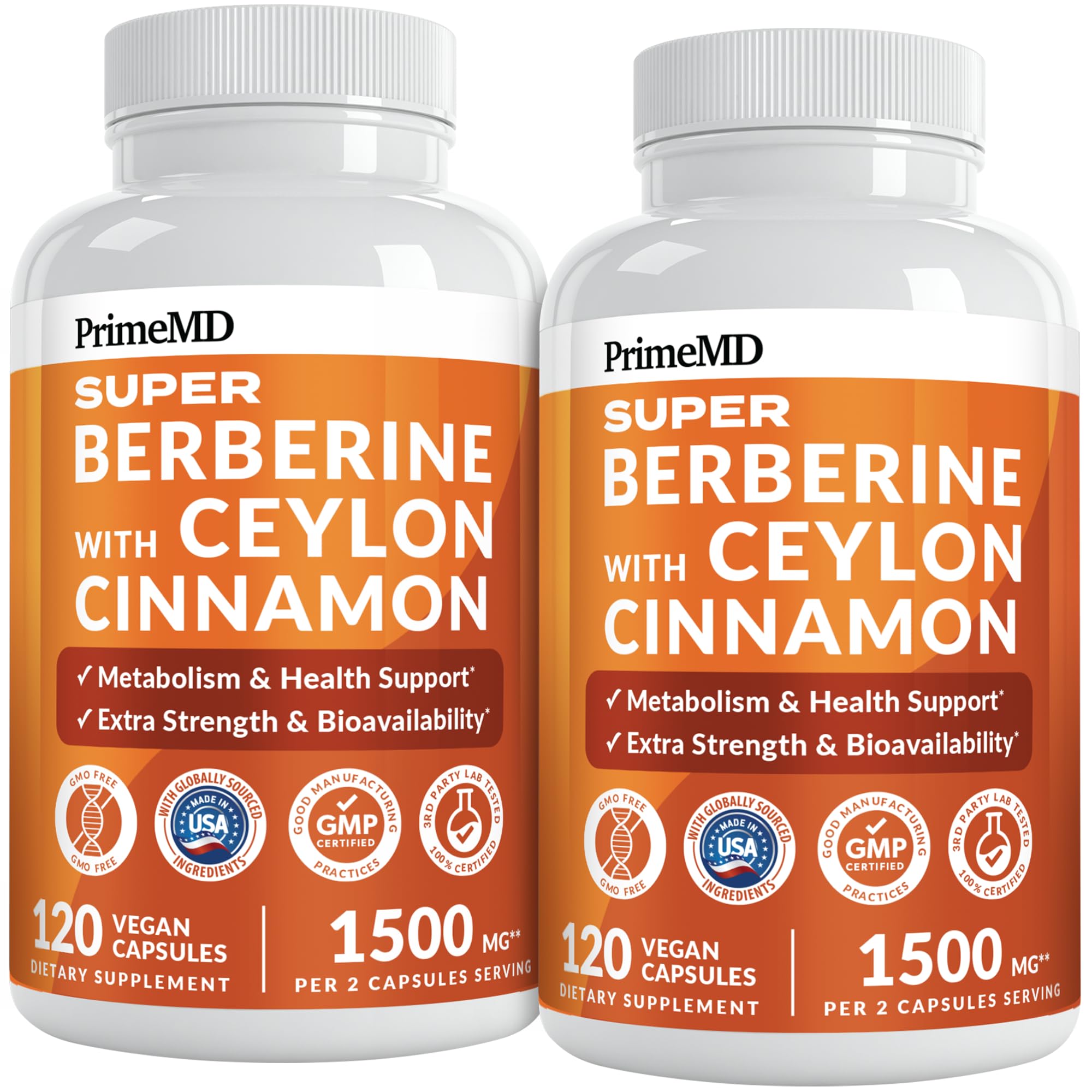 PrimeMD Berberine 1500mg, Ceylon Cinnamon, BioPerine & Turmeric, 120ct 120 Count (Pack of 2)
