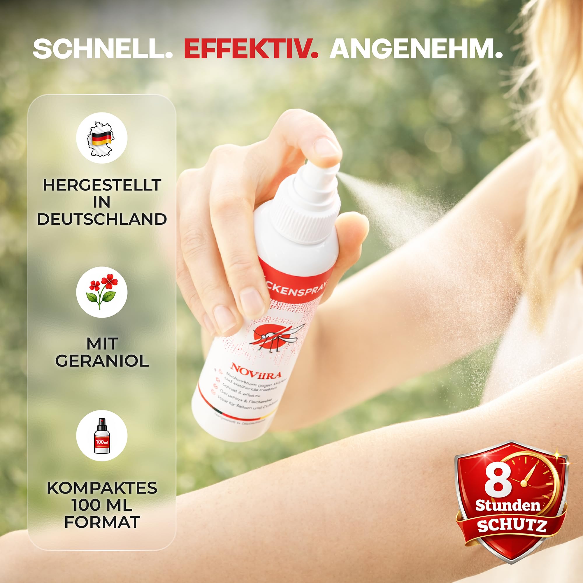 Mückenschutz 100 ml, schnellwirkender natürlicher Insektenschutz, hautverträglich und fleckenfrei für Reise, Outdoor und Alltag, Geraniol-Zitrus-Duft, Insektenspray, Mückenschutz Haut, Mückenspray