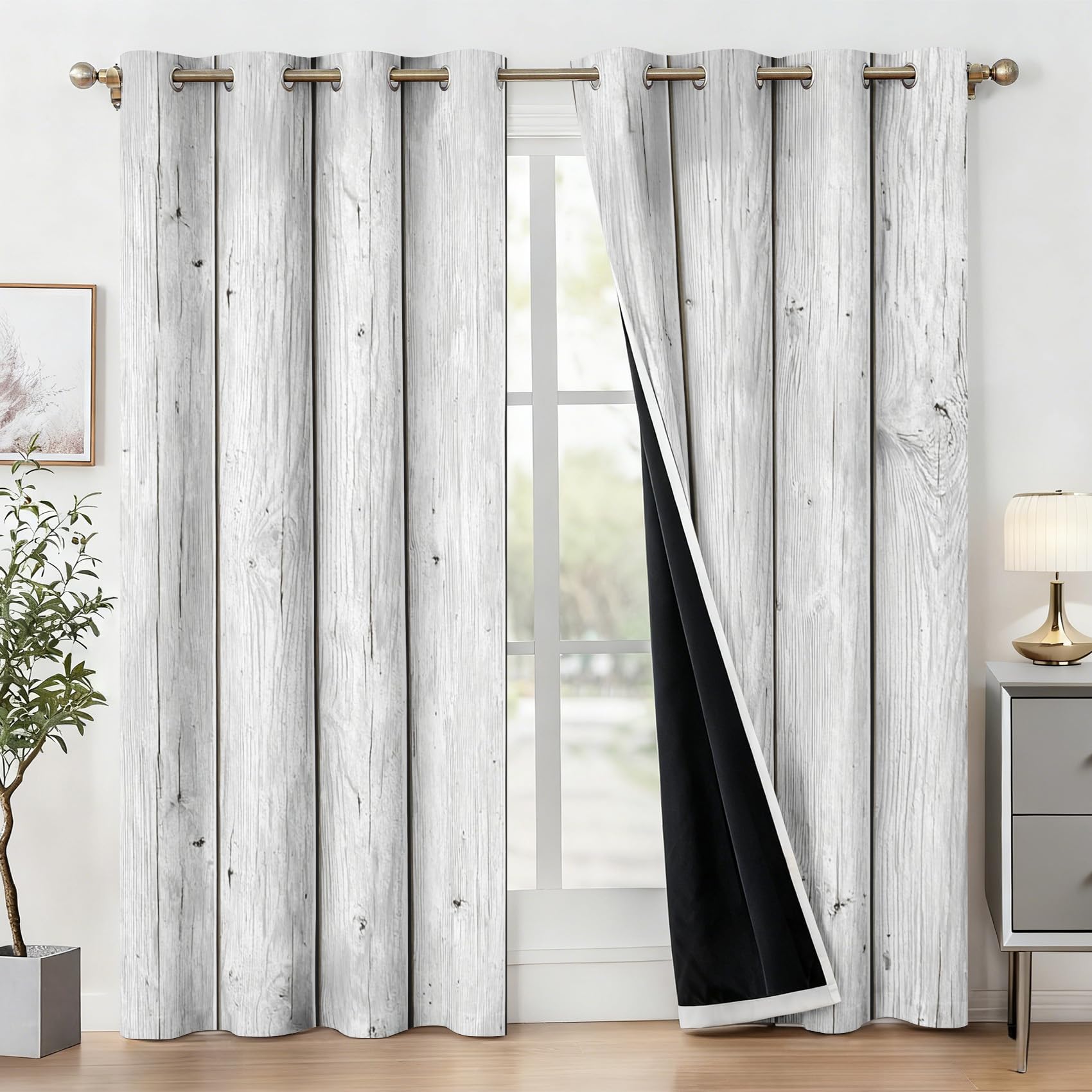 Générique Rideau Occultant Planche de Bois, Rideaux Motif Planche en Bois Blanc, Lot de 2 Rideau et Draperies Intérieurs à Oeillets, Rideaux pour Cuisine Chambre Salon, 75x166 cm (LxH) B-D124