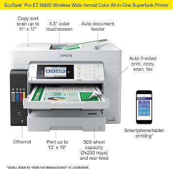 Epson EcoTank Pro ET-16600 Wireless Wide-Format Color All-in-One Supertank Printer with Scanner, Copier, Fax, and Ethernet