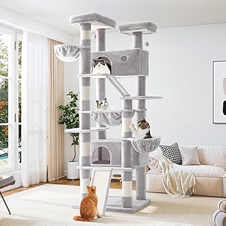 81 Inches Tall Cat Tree/Multi-Level Large Climbing Tree House and Towers for Big Feline/Condo and Hammock/Scratching Post/Wide Base/Grey