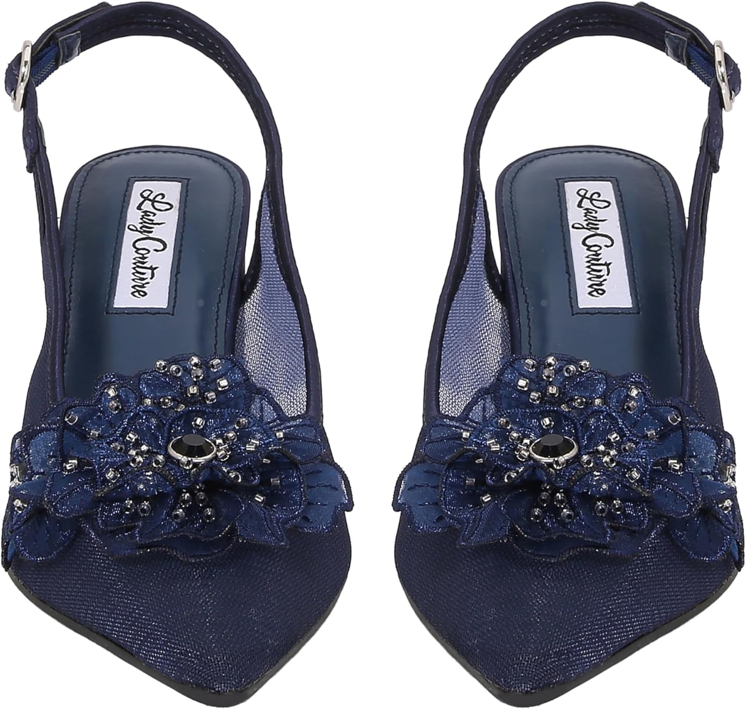 Lady Couture Women's Flower Mesh Slingback Pump – Ballroom Floral Appliqué with Crystal Embellishments, Pointed Toe Block Heel Dress Shoe