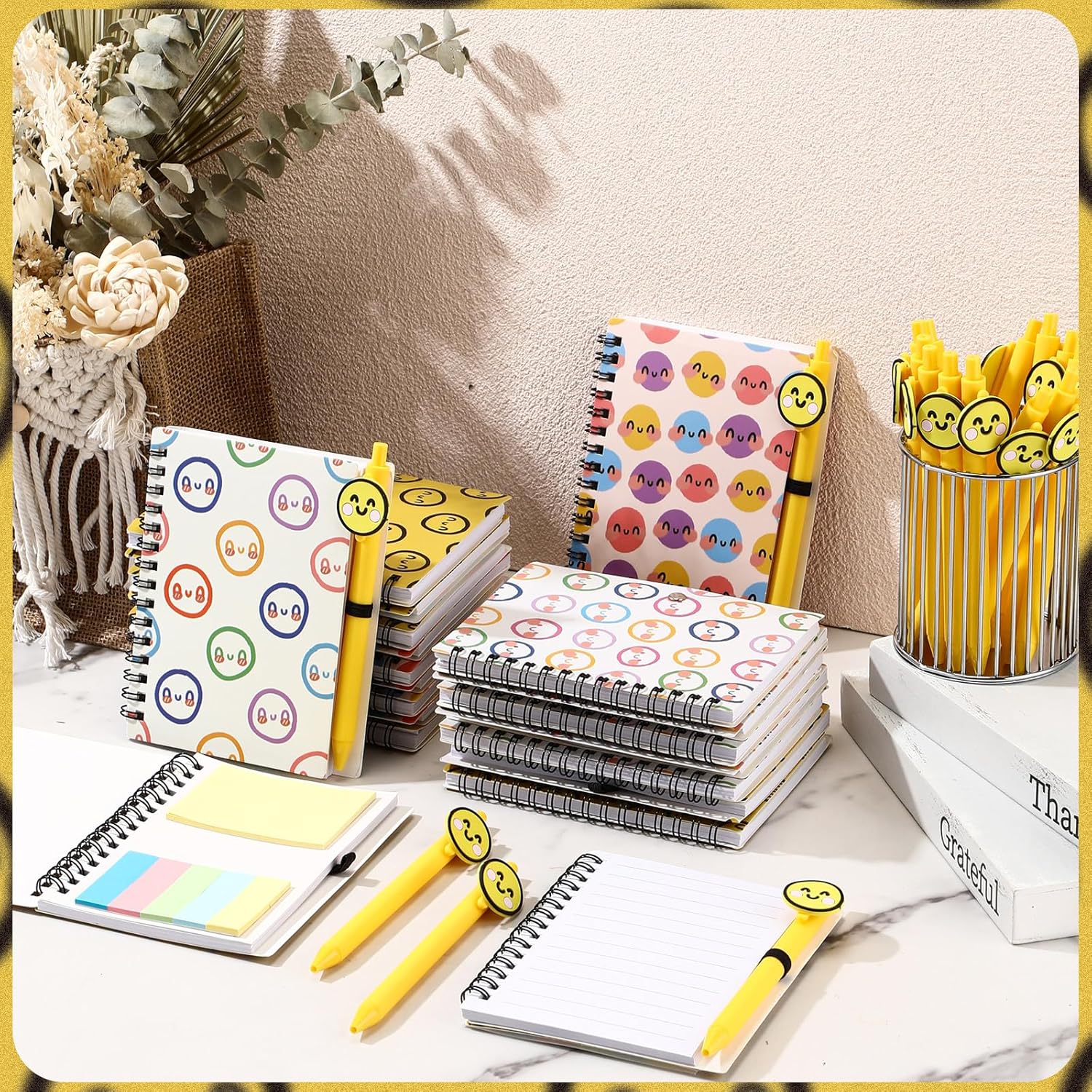 Sayglossy 72 Pcs Emotional Smile Support Notebook with Sticky Note Bulk Smile Face Pen Coworker Team Affirmation Gift for Employee Staff Nurse Teacher(Lined Journal)