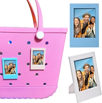 2 in 1 Picture Frame for Bogg Bag Accessories, 2x3 Photo Frame for Fujifilm Instax 3-Inch Film, Custom Frame Charms for Beach Tote Bag1Piece Blue, 1Piece White