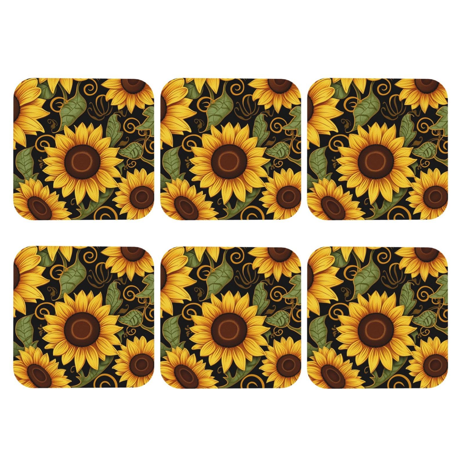 6pcs Leather Coasters for Drinks, Beautiful Sunflower Drink Coasters for Tabletop Protection, 4" Cup Coasters for Coffee Table Decor, Non-Slip Drinking Cup Mat for Hot Or Cold Drink