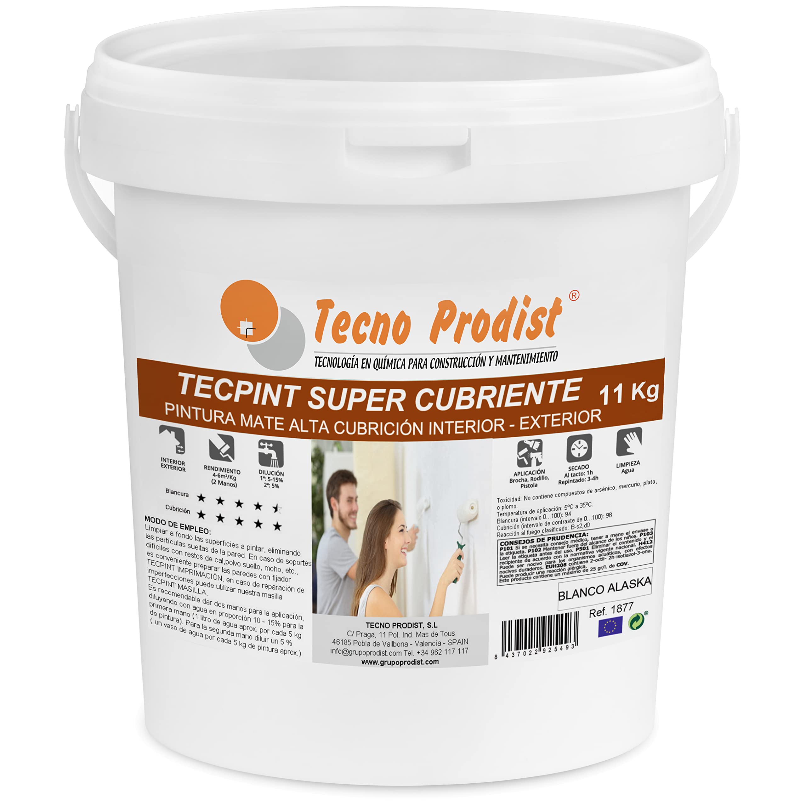 TECPINT SÚPER CUBRIENTE de Tecno Prodist - 11 Kg (BLANCO) Pintura para Exterior e Interior al Agua – Cubrición extra, acabado blanco Alaska - Lavable – Sin olor, no salpica - Fácil Aplicación